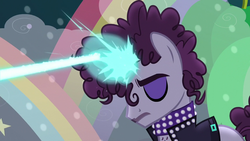 Size: 1280x720 | Tagged: safe, screencap, prance (g4), undertone, pony, unicorn, g4, the mane attraction, background pony, beam, blast, chest hair, clothes, collar, fabulous, facial hair, leather, leather jacket, magic, magic beam, magic blast, makeup, male, mascara, moustache, necklace, ponified, prince (musician), solo, stallion, the spectacle, unicorn magic