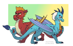 Size: 1413x896 | Tagged: safe, artist:haretrinity, garble, princess ember, dragon, g4, blushing, female, male, scrunchy face, ship:emble, shipping, simple background, straight, transparent background, tsundember, tsundere