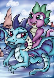 Size: 1700x2470 | Tagged: safe, artist:johesy, princess ember, spike, dragon, g4, dragons riding dragons, female, flying, male, riding, ship:emberspike, shipping, straight