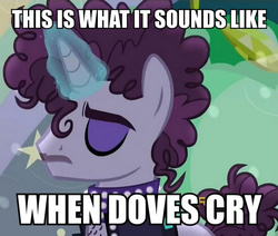 Size: 589x500 | Tagged: safe, screencap, prance (g4), undertone, pony, unicorn, g4, the mane attraction, background pony, chest hair, clothes, collar, discovery family logo, image macro, impact font, magic, male, meme, necklace, prince (musician), rest in peace, rest in purple, solo, song reference, stallion, the spectacle, unicorn magic, vest, when doves cry