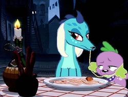 Size: 581x441 | Tagged: safe, artist:oneovertwo edits, princess ember, spike, dog, dragon, equestria girls, g4, gauntlet of fire, candle, duo, ember the dog, female, food, lady and the tramp, male, meme, pasta, ship:emberspike, shipping, spaghetti, spaghetti scene, spike the dog, straight