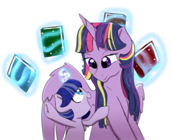 Size: 2859x2318 | Tagged: safe, artist:marukouhai, twilight sparkle, oc, oc:ceres, alicorn, pony, g4, book, colt, female, high res, levitation, magic, male, mare, mother and son, offspring, older, parent:flash sentry, parent:twilight sparkle, parents:flashlight, telekinesis, twilight sparkle (alicorn)