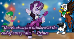 Size: 1024x536 | Tagged: safe, artist:tim-kangaroo, prance (character), undertone, oc, unnamed oc, earth pony, griffon, pony, unicorn, g4, background pony, female, guitar, male, mare, musical instrument, prince (musician), quote, rest in peace, rest in purple, stallion