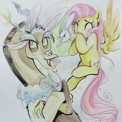 Size: 597x597 | Tagged: safe, artist:sara richard, angel bunny, discord, fluttershy, g4, traditional art, watercolor painting