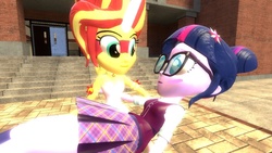 Size: 1360x768 | Tagged: safe, artist:mk513, sci-twi, sunset shimmer, twilight sparkle, equestria girls, g4, 3d, blushing, bridal carry, carrying, daydream shimmer, female, gmod, lesbian, ship:sci-twishimmer, ship:sunsetsparkle, shipping