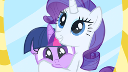 Size: 1920x1080 | Tagged: safe, screencap, rarity, twilight sparkle, g4, the ticket master, carousel boutique, holding, looking at you, mirror, smiling, squeezing, squishy cheeks