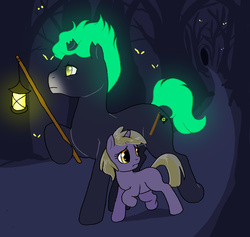 Size: 894x849 | Tagged: safe, artist:dontfapgirl, dinky hooves, oc, oc:midnight drifter, g4, forest, lantern, night