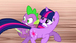 Size: 1920x1080 | Tagged: safe, screencap, spike, twilight sparkle, dragon, pony, unicorn, g4, my little pony: friendship is magic, season 1, the ticket master, gritted teeth, looking back, motion blur, running, scared, speed lines, unicorn twilight