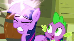 Size: 1920x1080 | Tagged: safe, screencap, spike, twilight sparkle, g4, my little pony: friendship is magic, the ticket master, alley, glowing horn, gritted teeth, horn, magic, sitting, surprised