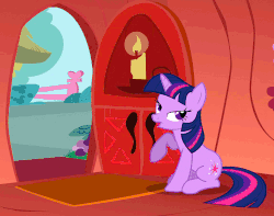 Size: 1146x904 | Tagged: safe, screencap, pinkie pie, twilight sparkle, g4, season 1, the ticket master, animated, confetti, female, golden oaks library, grabbing, kidnapped, party horn