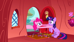 Size: 1920x1080 | Tagged: safe, screencap, pinkie pie, twilight sparkle, earth pony, pony, unicorn, g4, season 1, the ticket master, confetti, door, duo, female, golden oaks library, grabbing, mare, sitting, streamers, stretchy, unicorn twilight, wide eyes