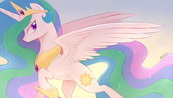 Size: 3000x1700 | Tagged: safe, artist:kodabomb, princess celestia, g4, female, looking at you, solo, spread wings