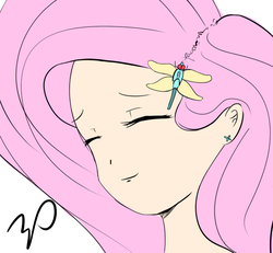 Size: 769x712 | Tagged: safe, artist:jonathan the awesome, derpibooru exclusive, fluttershy, human, g4, bust, eyes closed, female, humanized, portrait, simple background, solo