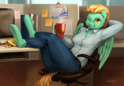Size: 3126x2184 | Tagged: safe, artist:audrarius, lightning dust, pegasus, anthro, unguligrade anthro, g4, chair, chips, clothes, coffee, cup, female, food, high res, looking at you, office, one eye closed, pants, potato chips, smiling, solo, thighs, wink
