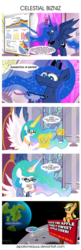 Size: 1675x5200 | Tagged: safe, artist:zsparkonequus, applejack, princess celestia, princess luna, alicorn, earth pony, pony, g4, advertisement, billboard, chart, clothes, coffee cup, comic, cup, diagram, female, flipchart, glasses, glowing horn, hoof hold, horn, magic, mare, misspelling, moon, mug, newspaper, on the moon, pie chart, planet, pointer, pointing, reading, request, royal sisters, statistics, suit, telekinesis, your ad could be here