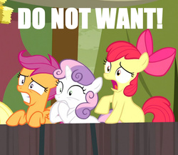 Size: 960x832 | Tagged: safe, screencap, apple bloom, scootaloo, sweetie belle, g4, cringing, cutie mark crusaders, do not want, image macro, meme, shocked