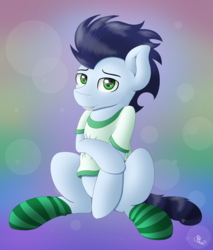 Size: 1700x2000 | Tagged: safe, artist:spirit-dude, soarin', earth pony, pony, g4, clothes, cute, male, sitting, soarinbetes, socks, solo, striped socks, t-shirt