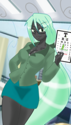 Size: 1000x1750 | Tagged: safe, artist:theroyalprincesses, queen chrysalis, equestria girls, g4, :3, equestria girls-ified, eye chart, female, insult, nurse, office, solo, syringe, when you see it