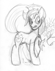 Size: 1594x2048 | Tagged: safe, artist:ciaran, derpibooru exclusive, applejack, g4, bouquet, female, grimace, monochrome, rough sketch, simple background, sketch, solo, traditional art