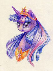 Size: 700x933 | Tagged: safe, artist:maytee, twilight sparkle, alicorn, pony, g4, bust, crown, female, mare, portrait, solo, traditional art, twilight sparkle (alicorn)