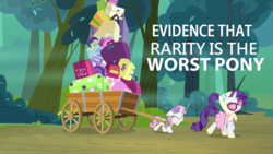 Size: 1280x720 | Tagged: safe, rarity, sweetie belle, pony, unicorn, g4, my little pony: friendship is magic, season 3, sleepless in ponyville, abuse, background pony strikes again, camping outfit, child abuse, duo, duo female, female, filly, mare, op is a duck, op is trying to start shit, opinion, sweetiebuse, text, worst pony