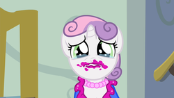 Size: 1280x720 | Tagged: safe, screencap, sweetie belle, for whom the sweetie belle toils, g4, 5-year-old sweetie belle, clothes, crying, lipstick, makeup, necklace, pearl necklace