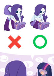 Size: 1075x1512 | Tagged: safe, artist:howxu, rarity, twilight sparkle, equestria girls, g4, bag, bent over, crouching, duo, lecture, posture, speech bubble, sweat, sweatdrops, twilight sparkle (alicorn)