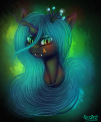 Size: 1062x1285 | Tagged: safe, artist:moonjest, queen chrysalis, changeling, changeling queen, g4, blushing, bust, crown, ear blush, female, jewelry, licking, licking lips, portrait, regalia, solo, tongue out