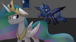 Size: 1024x576 | Tagged: safe, artist:despotshy, princess celestia, princess luna, g4, crying, dark magic, magic, night, royal sisters