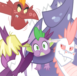 Size: 627x617 | Tagged: safe, artist:changeling #209458, fizzle, garble, spear (g4), spike, vex, dragon, g4, bunny ears, fanfic art, fanfic cover