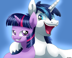 Size: 1500x1200 | Tagged: safe, artist:zoruanna, shining armor, twilight sparkle, pony, unicorn, g4, brother and sister, dreamworks face, female, grin, hug, male, mare, neck hug, open mouth, siblings, smirk, stallion