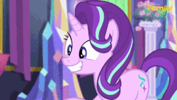 Size: 450x253 | Tagged: safe, screencap, starlight glimmer, trixie, twilight sparkle, alicorn, pony, g4, no second prances, animated, counterparts, discovery family logo, female, grin, magical trio, mare, raised eyebrow, raised hoof, smiling, smirk, squee, starlight's new friend, twilight sparkle (alicorn), twilight's counterparts, wide eyes