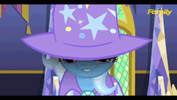 Size: 1280x720 | Tagged: safe, screencap, trixie, pony, unicorn, g4, no second prances, season 6, animated, discovery family logo, female, grin, hat, lidded eyes, looking at you, mare, no second glances, raised eyebrow, smirk, solo, trixie's glare, wizard hat