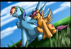 Size: 3430x2340 | Tagged: safe, artist:stormblaze-pegasus, rainbow dash, scootaloo, pegasus, pony, g4, cute, duo, high res, one eye closed, open mouth, raised hoof, scootalove, sitting, the cmc's cutie marks