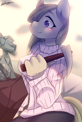 Size: 1000x1500 | Tagged: safe, artist:shilzumi, artist:焰鑰 熾泉, marble pie, earth pony, anthro, g4, blushing, breasts, busty marble pie, clothes, cute, female, marblebetes, pickaxe, sculpture, solo, sweater