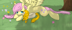 Size: 4096x1714 | Tagged: safe, artist:northernnerds, fluttershy, oc, oc:repunzel, butterfly, g4, flower, mother and daughter, offspring, parent:fluttershy, prone, spread wings