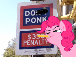 Size: 600x451 | Tagged: safe, artist:darknisfan1995, artist:pre10, pinkie pie, earth pony, pony, g4, 8^y, female, fuck the police, glare, irl, mare, mouth hold, pencil, photo, ponies in real life, ponk, sign, smirk, solo, vandalism, vector