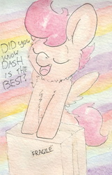 Size: 692x1074 | Tagged: safe, artist:slightlyshade, scootaloo, g4, box, female, fragile, solo, traditional art