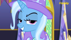 Size: 1600x900 | Tagged: safe, screencap, trixie, pony, unicorn, g4, no second prances, discovery family logo, dreamworks face, female, grin, lidded eyes, looking at you, mare, no second glances, photo, raised eyebrow, smiling, smirk, solo, uh oh