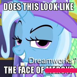 Size: 350x350 | Tagged: safe, edit, edited screencap, screencap, trixie, pony, unicorn, g4, no second prances, bedroom eyes, dreamworks, dreamworks face, female, image macro, mare, meme, no second glances, solo, text