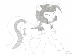 Size: 1994x1518 | Tagged: safe, artist:mc-ryan, minuette, g4, eyes closed, female, grayscale, happy, hat, monochrome, pugilist's protector, simple background, smiling, solo, team fortress 2, toss-proof towel, towel, white background