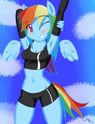 Size: 3312x4320 | Tagged: safe, artist:ramoncrimson935, rainbow dash, anthro, g4, armpits, belly button, blushing, clothes, compression shorts, female, grin, midriff, solo, sports bra, sports shorts, stretching