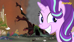 Size: 1280x720 | Tagged: safe, edit, edited screencap, screencap, starlight glimmer, g4, no second prances, disaster girl, female, golden oaks library, grin, irrational exuberance, meme, smiling, solo, squee, wide eyes