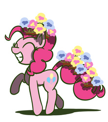 Size: 1280x1447 | Tagged: safe, artist:flutterluv, pinkie pie, earth pony, pony, g4, eyes closed, female, flower, flower in hair, flower in tail, flower pot, grin, potted plant, simple background, smiling, solo, white background