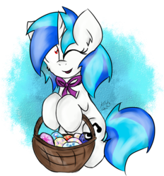 Size: 734x791 | Tagged: safe, artist:kristysk, dj pon-3, vinyl scratch, g4, basket, easter, easter egg, female, red eyes, solo, wrong eye color