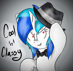 Size: 674x651 | Tagged: safe, artist:kristysk, dj pon-3, vinyl scratch, g4, bowtie, female, hat, red eyes, solo, trilby, wrong eye color