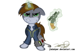 Size: 3000x2000 | Tagged: safe, artist:jimimipwr, oc, oc only, oc:littlepip, pony, unicorn, fallout equestria, bandage, clothes, fanfic, fanfic art, female, glowing horn, gun, handgun, high res, horn, jumpsuit, lip bite, little macintosh, magic, mare, pipbuck, revolver, simple background, solo, telekinesis, transparent background, vault suit, weapon