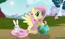 Size: 3265x1969 | Tagged: safe, artist:shutterflyeqd, angel bunny, fluttershy, butterfly, pegasus, pony, rabbit, g4, animal, earth day, female, flower, flower in hair, globe, mare