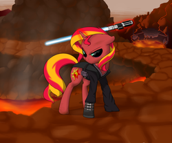 Size: 800x661 | Tagged: safe, artist:victoreach, sunset shimmer, pony, unicorn, equestria girls, g4, anakin skywalker, darth vader, equestria girls ponified, female, lightsaber, mustafar, ponified, sith, solo, star wars, star wars: revenge of the sith, sunset satan, weapon