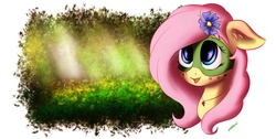 Size: 4000x2009 | Tagged: safe, artist:freeedon, fluttershy, pony, g4, alternate timeline, bust, chrysalis resistance timeline, face paint, female, floppy ears, flower, flower in hair, heart necklace, mare, necklace, open mouth, smiling, solo, three quarter view, tribalshy